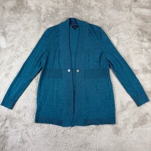 Talbots‎ Merino Wool Cardigan Open Front Button Accent Teal Blue L (See Pics)